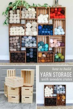 yarn storage with wooden crates filled with yarn