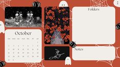 an orange and black calendar with images of halloween characters on it's cover, along with the words october