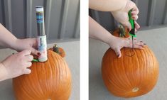 two pictures of someone carving a pumpkin with scissors and glue on it's head