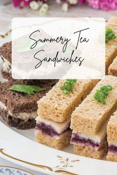 sandwiches are arranged on a plate with flowers in the background and text that reads summery tea sandwiches