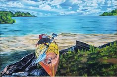 an acrylic painting of a kayak on the shore