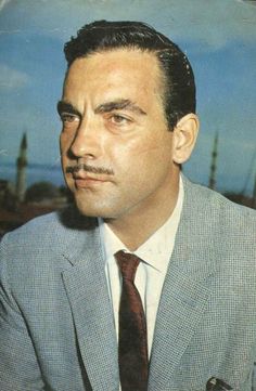 a man wearing a suit and tie with a moustache on his face is looking at the camera