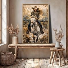 a painting of a man on a horse in a room with wooden flooring and white walls