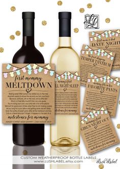 a bottle of wine and some tags on the back of it for baby shower new mom gift