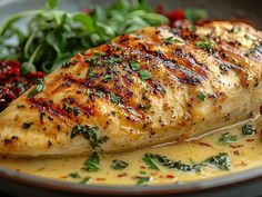 a close up of a plate of food with chicken