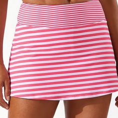 From Tommy Bahama, This Swim Bottom Features: Skort Silhouette Built-In Shorts Full Coverage Stripe Print Fully Lined Pull-On Construction Nylon/Spandex Hand Wash Imported. Coral Coast Is The Color. White Short Length Swimwear For Spring, Pink Short Swim Skirt For Beach, White Beachwear Skort For Summer, Fitted White Skort For Vacation, Casual White Swim Skirt For Poolside, Casual White Swim Skirt For Beach Season, White Beach Skort For Beach Season, White Beach Skort, White Summer Skort For Beach