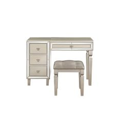 a white desk with drawers and a stool