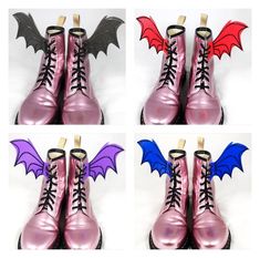 "Custom 3D Printed Bat Wings for Footwear! Great Accessory for Boots, Shoes or Platforms Each Wing Size approx: 5\" L x 4\" H Material: PLA Comes in Styles of Glitter/Black, Red/Black, Purple/Black and Blue/Black (Be sure to check out my other listings of Wings for Shoes)" Kids Footwear, Shoe Insoles, Cool Costumes, Costume Dress, Bat Wings, Boots Shoes, Dr. Martens Boots, Purple Black, Red Purple