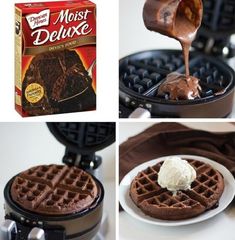 chocolate waffles and ice cream being drizzled on top of them