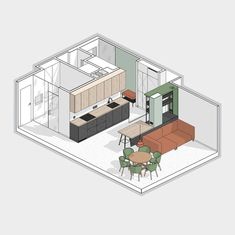 an overhead view of a living room and kitchen