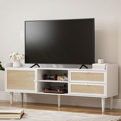 a flat screen tv sitting on top of a white entertainment center next to a plant