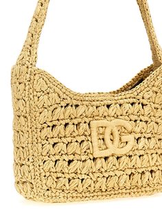 '3. 5' crocheted raffia shoulder bag, magnetic closure, front logo embroidery. Composition: 100% viscose Luxury Crochet Shoulder Bag With Woven Leather, Luxury Crochet Woven Leather Shoulder Bag, Luxury Crochet Leather Woven Shoulder Bag, Designer Crochet Woven Bag, Luxury Straw Bags With Gold-tone Hardware, Designer Crochet Bag With Braided Handles In Natural Color, Luxury Straw Crochet Bag For Shopping, Luxury Straw Crochet Shopping Bag, Designer Woven Bags For Summer