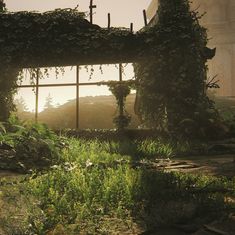 an abandoned building with ivy growing on the roof and windows above it, in front of a forest