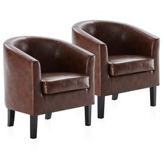 two brown leather chairs sitting next to each other