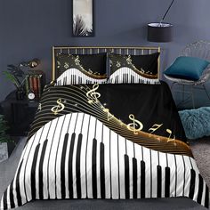 a black and white bed with musical notes on it