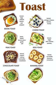 toast with different types of toppings on it and the words toast written in english