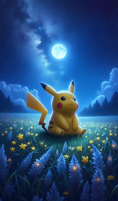 a pikachu sitting in the middle of a field at night