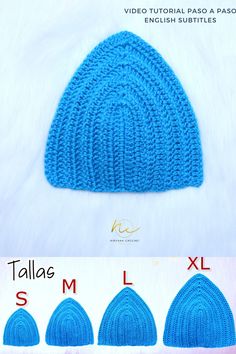 the crocheted beanie pattern is shown in three different colors and sizes, including blue