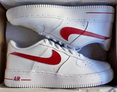 These custom hand painted Nike Air Force 1 sneakers feature a Red color theme that helps you feel special! ★ Painted with acrylic leather paint and topped with a finished to ensure quality, durability, and long wear (waterproof, scratch proof, and dull-proof). ★ Sizes are in US. ★ These shoes are hand painted. ★ In the case that these shoes need to be washed, wetting a cloth and hand washing them is recommended, however they can be put in the wash set on delicate. Feel free to contact us for any questions you may have :) Check out our other products: https://www.etsy.com/shop/slatscustomsco Red Air Forces, Red Air Force 1, Painted Nike Air Force, Red Nike Shoes, Custom Nike Air Force, Painted Nikes, Nike Air Force 1s, Nike Airforce 1, Custom Nike