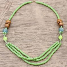 Green Recycled Glass and Sese Wood Beaded Necklace - Green Nyhira | NOVICA #handmadewithlove #supportartisans #summerlove #summer2021 #explore Beaded Necklace Green, Yellow Necklace, Recycled Glass Bead, Tigers Eye Necklace, Wood Bead Necklace, Bohemian Accessories, Tiger Eye Bracelet, Wood Necklace, Necklace Green