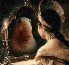 a painting of a woman looking at a seal in front of a mirror with a lit candle