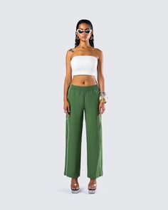 Sidonia Baggy Green Track Pants – FINESSE Green Track Pants, Double Piping, Ripstop Fabric, Dressing Up, First Place, Both Sides, Track Pants, Piping, Dress Up