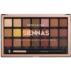 Create a variety of warm-toned looks with this Profusion Cosmetics 21-shade, multi-finish eyeshadow powder palette! Features both shimmer and matte finishes. Ultra-blendable pigments make application quick and easy. Includes a large variety of shades to complement virtually all skin tones. Palette contains dual-ended Pro-Series brush for convenient application. Size: 10oz.  Color: Brown. Skin Tones Palette, Maybelline Eyeshadow Palette, Huda Beauty Lipstick, Maybelline Eyeshadow, Powder Palette, Halloween Beauty, Beauty Lipstick, Color Spectrum, Huda Beauty