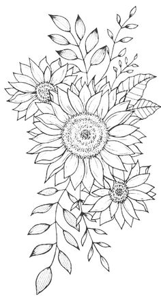 a black and white drawing of a sunflower