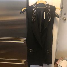 Black Vest With Studs Black Long Sleeve Outerwear For Going Out, Edgy Party Outerwear, Fitted Punk Outerwear For Night Out, Fitted Black Outerwear For Night Out, Trendy Black Outerwear For Going Out, Punk Style Black Blazer For Fall, Edgy Black Blazer For Party, Fitted Black Outerwear For Going Out, Edgy Black Blazer For Spring