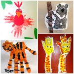 four different handprints with animals and giraffes on them