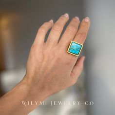 FULL PACKAGE Absolutely GORGEOUS 100% Turquoise | Square Cut Ring | 24k Gold Filled Band | Luminous Gold Brush Finish | Adjustable: Turquoise | an all-encompassing protector gemstone.  Aligning chakras + allowing for beautifully intuitive emotional connectivity.   Strong Square cut | a powerful symbol of stability. Intention: I have what it takes. Nothing is missing. ✨ . . Perfect for a bridal shower gift, or sentimental birthday or anniversary gift for her, this unique square turquoise ring is made ethically by a woman-owned business. . If you would like to select your exact unique stone, just let us know after check out. This is part of our luxury, small batch experience. Luxury Gold Turquoise Ring For Gift, Luxury Gold Turquoise Ring Perfect For Gift, Luxury Gold Turquoise Ring As Gift, Luxury Gold Turquoise Ring, Aligning Chakras, Square Cut Ring, Square Cut Rings, Square Cut, Anniversary Gift For Her