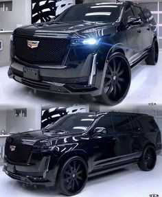 the front and side view of a black suv