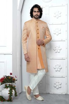 Orange Jacquard Silk Embroidered 3 Piece Indo Set - KARMAPLACE.COM Dapper Clothing, Indo Western Sherwani, Wedding Sherwani, Festive Wear, Groom Outfit, Indo Western