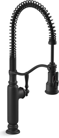 a black faucet that is attached to the side of a sink with an arm spout