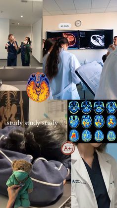 some people in white lab coats are looking at mris and other medical images on the wall