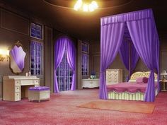 a bedroom with purple curtains and pink carpet