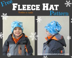 two pictures of a boy wearing a hat and jacket with snowflakes on it