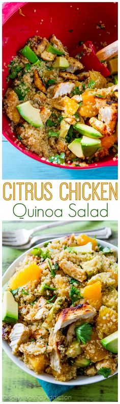 two pictures with different types of food in them and the words citrus chicken quinoa salad