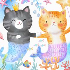 two cats that are standing next to each other in the water with stars and fish around them