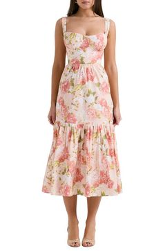 Find HOUSE OF CB Elia Floral Stretch Cotton Blend Corset Sundress on Editorialist. Freshen up your garden-party style in a romantic floral sundress fashioned with corset-style cups, adjustable straps and a full tiered skirt. Exclusive retailer Sweetheart neck Adjustable straps Lined 65% cotton, 32% nylon, 3% elastane Dry clean Imported Backless Midi Dress, Peony Print, Midi Sundress, Estilo Boho Chic, Dress Cake, Pink Peony, Floral Midi Skirt, Sweet Dress, Pink Peonies