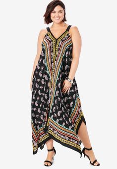 Scarf-Print Maxi Dress with Handkerchief Hem| Plus Size Casual Dresses | Full Beauty Casual Dress With Handkerchief Hem For Vacation, Casual Handkerchief Hem Dress For Vacation, Casual Vacation Dress With Handkerchief Hem, Casual Dresses With Floral Print And Handkerchief Hem, Flowy Bohemian Maxi Dress With Handkerchief Hem, Bohemian Flowy Maxi Dress With Handkerchief Hem, Casual Floral Print Maxi Dress With Handkerchief Hem, Casual Floral Maxi Dress With Handkerchief Hem, Flowy Maxi Dress With Handkerchief Hem For Spring