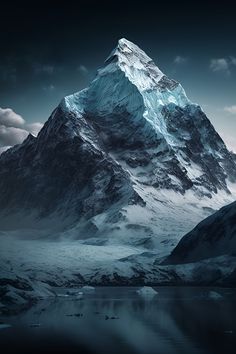 a snow covered mountain in the middle of a body of water under a cloudy sky