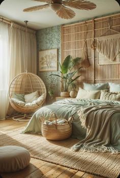 a bed room with a neatly made bed next to a window and a hanging chair