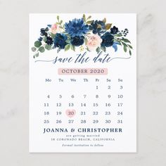 save the date calendar with blue flowers