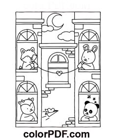 a coloring page with animals in the window