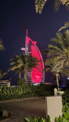 palm trees and buildings lit up at night in front of the burj building