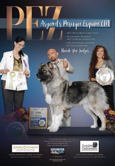 an advertisement for a dog show with two women and one man holding a prize trophy