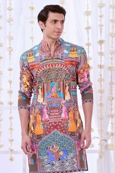 Multi colored straight kurta with royal Raj-Darbar prints. Comes with solid pyjama. - Aza Fashions Bollywood Style Sherwani With Printed Motifs, Designer Sherwani With Printed Motifs For Festivals, Long Sleeve Kurta With Kalamkari Print For Weddings, Long Sleeve Kalamkari Print Kurta For Wedding, Navratri Sherwani With Printed Motifs, Designer Sherwani With Printed Motifs For Navratri, Fitted Sherwani With Printed Motifs For Eid, Designer Navratri Sherwani With Printed Motifs, Unstitched Multicolor Kurta With Digital Print