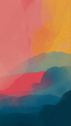 an abstract painting with blue, orange and pink colors on it's surface in the mountains