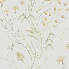 a wallpaper with flowers and plants painted on the side of it in gold, grey and white